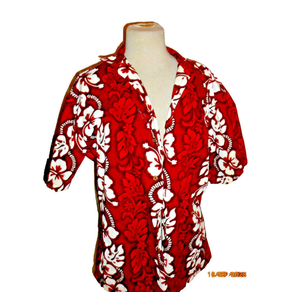 Ky's Navy Vintage Hibiscus Hawaiian Print 100% Cotton Men's S Button-down Shirt